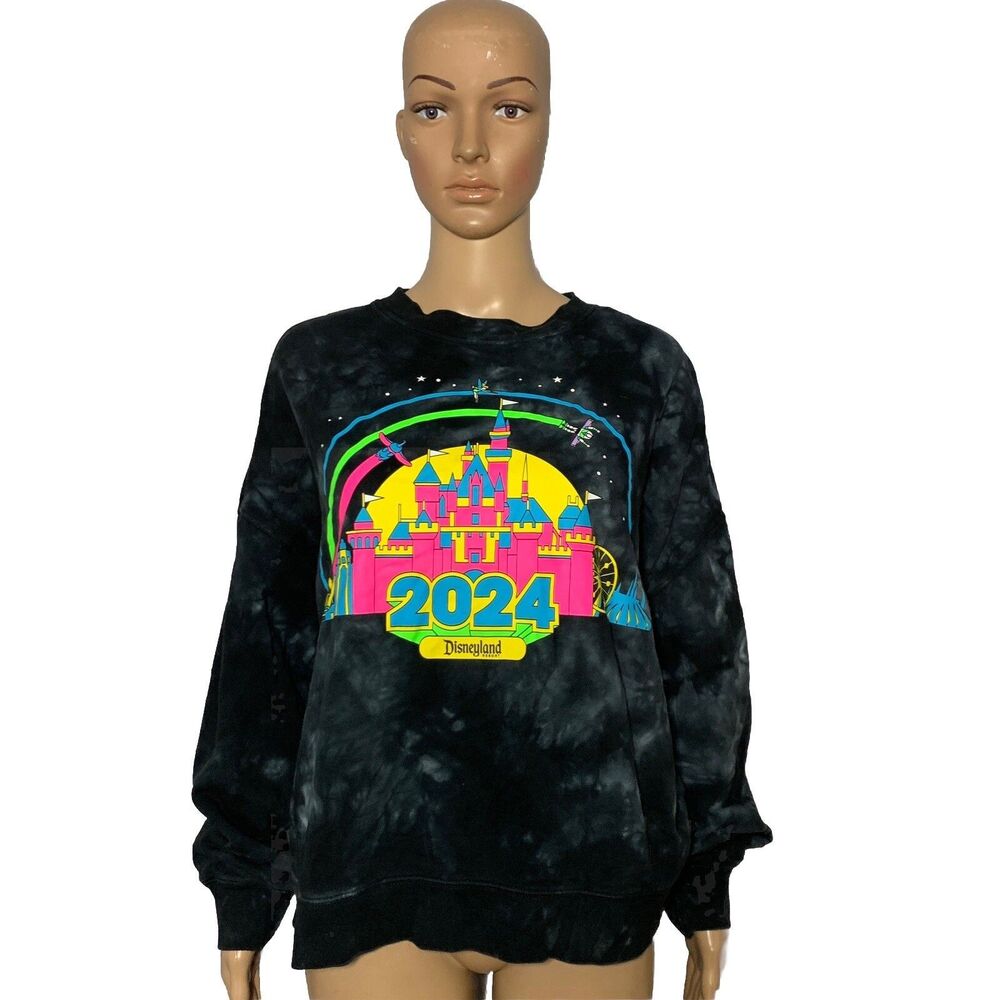 2024 Walt Disney World 4 Parks Tie Dye Black Neon Castle Figmen Sweatshirt Small